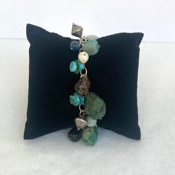 Sterling Silver 925 Beaded Multistone Turquoise Cable Chain Charm Bracelet 7.5" - Picture 3 of 16